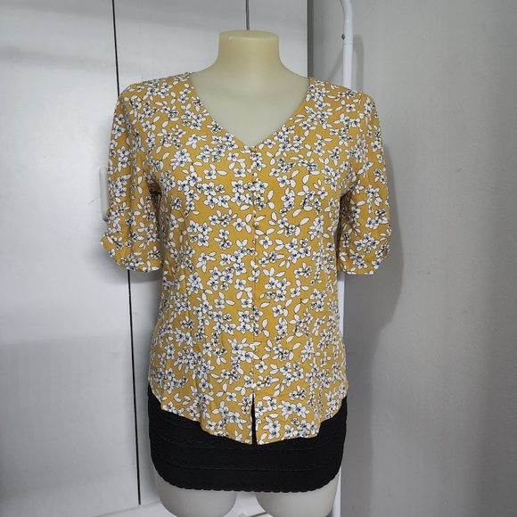Aus12 Jacqui E Yellow White Floral Front Button Up Short Sleeve Blouse - Picture 4 of 16